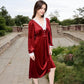 Velvet Dress with Lace Trim and Button Detail