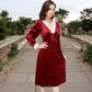 Velvet Dress with Lace Trim and Button Detail