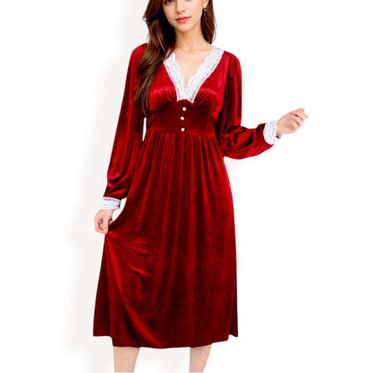 Velvet Dress with Lace Trim and Button Detail