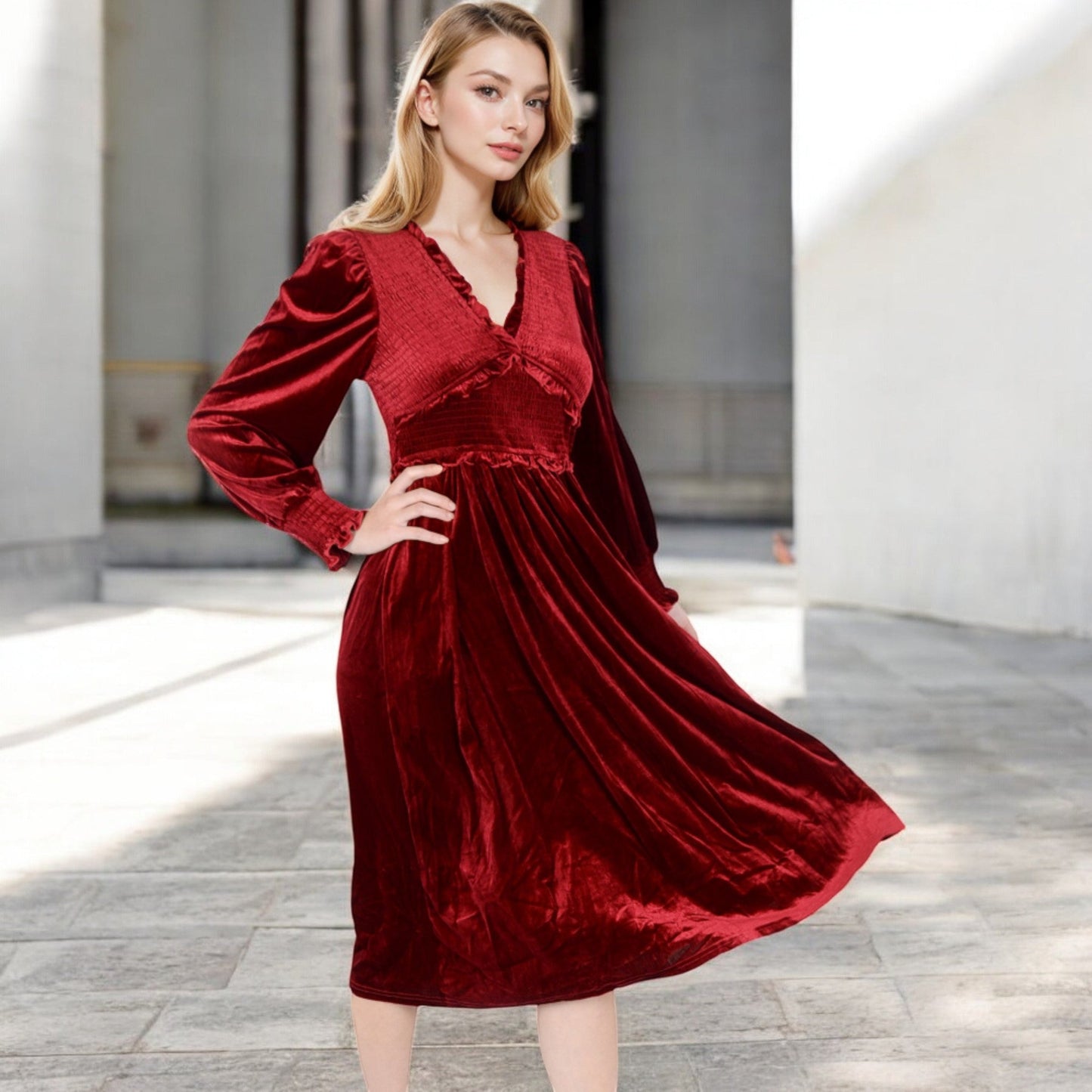 Velvet Dress with Smocked Bodice and Ruffled V-Neck