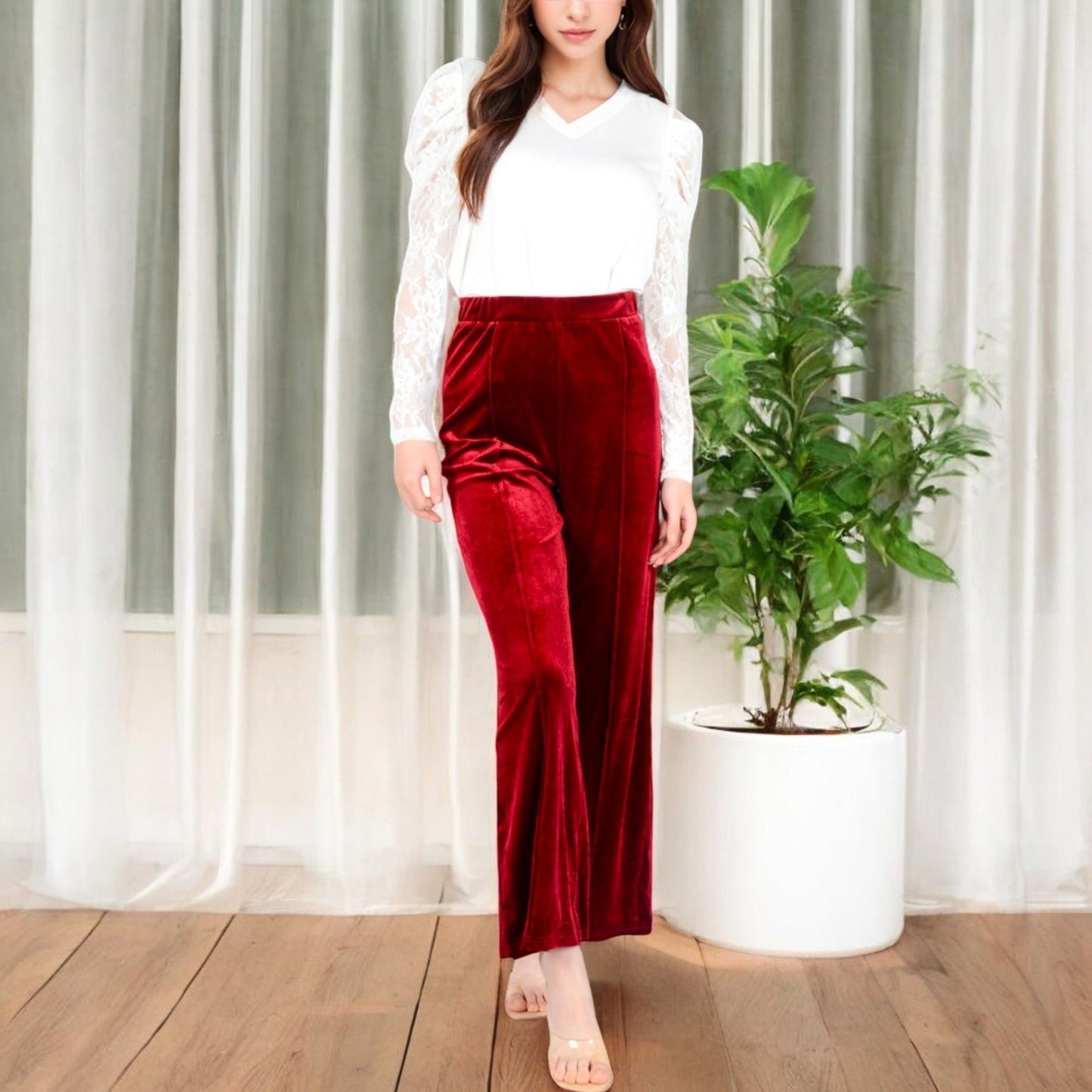 Women's High Waist Wide Leg Velvet Pants with Soft Textured Finish