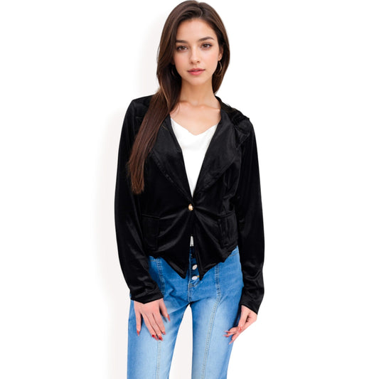 Velvet Blazer with Single Button Closure