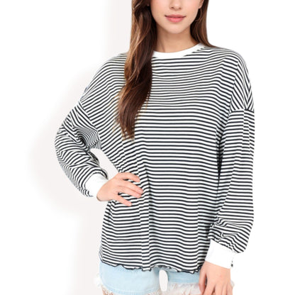 Women's Striped Long Sleeve Oversized Pullover Top with Ribbed Crew Neck