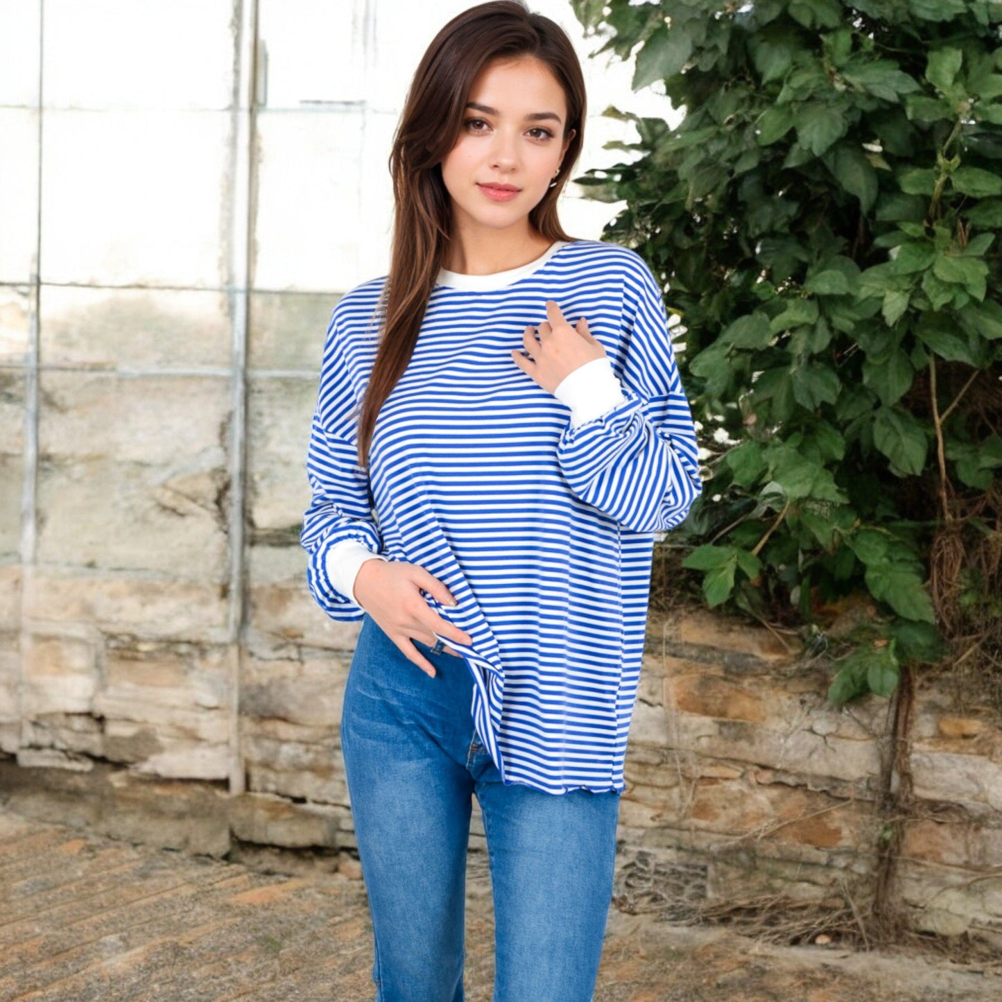 Women's Striped Long Sleeve Oversized Pullover Top with Ribbed Crew Neck