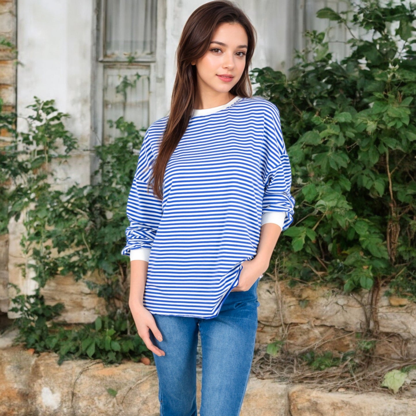 Women's Striped Long Sleeve Oversized Pullover Top with Ribbed Crew Neck