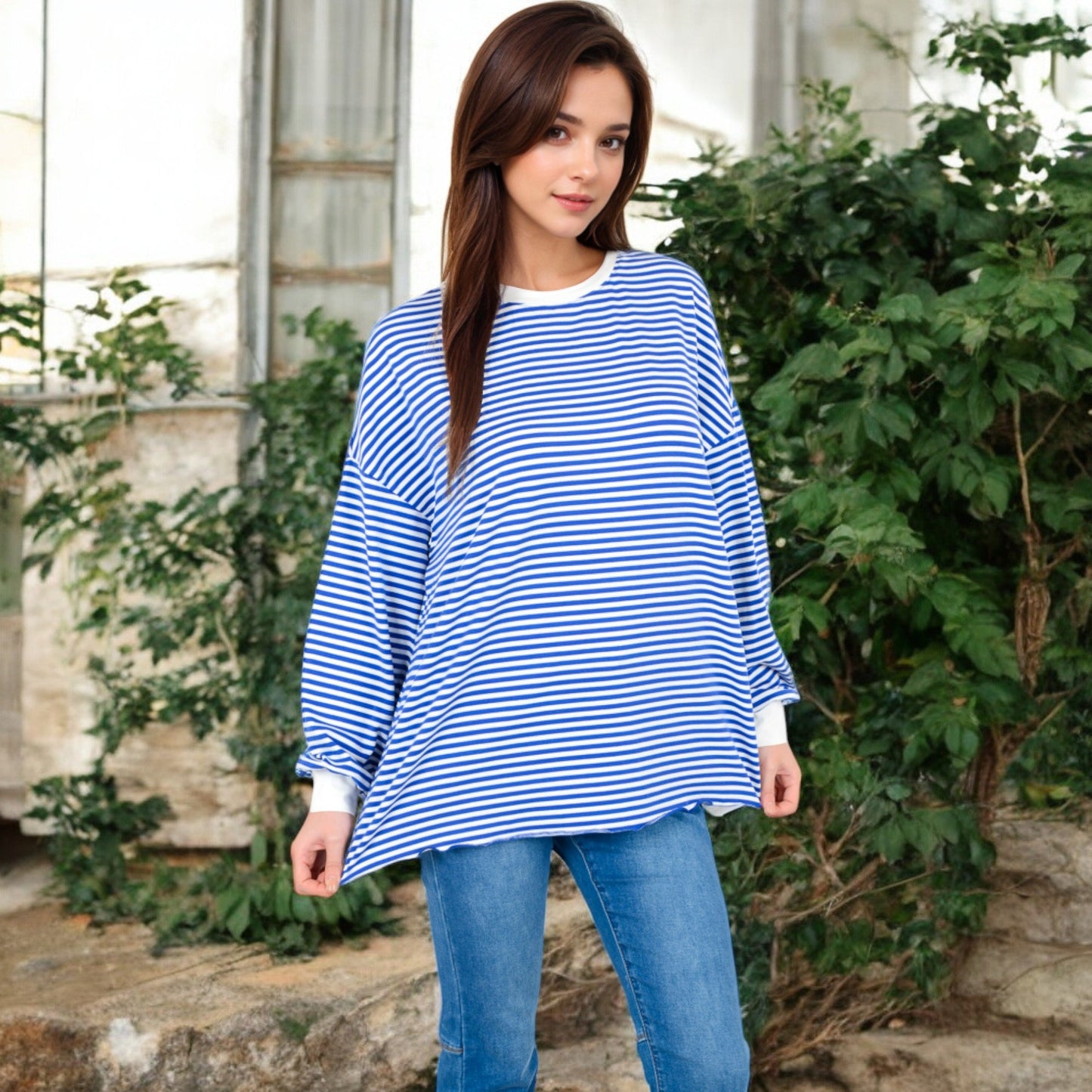 Women's Striped Long Sleeve Oversized Pullover Top with Ribbed Crew Neck