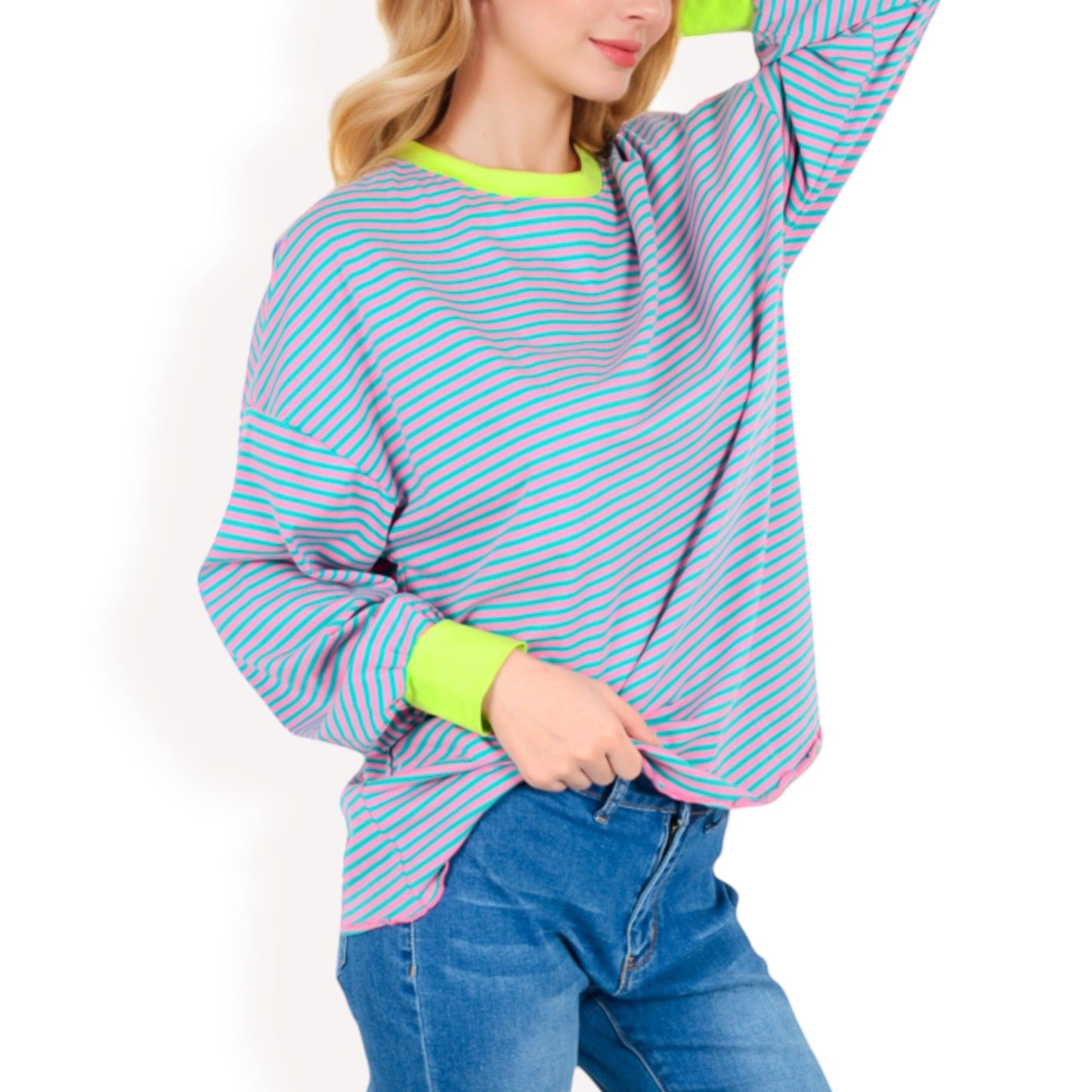 Women's Striped Long Sleeve Oversized Pullover Top with Ribbed Crew Neck