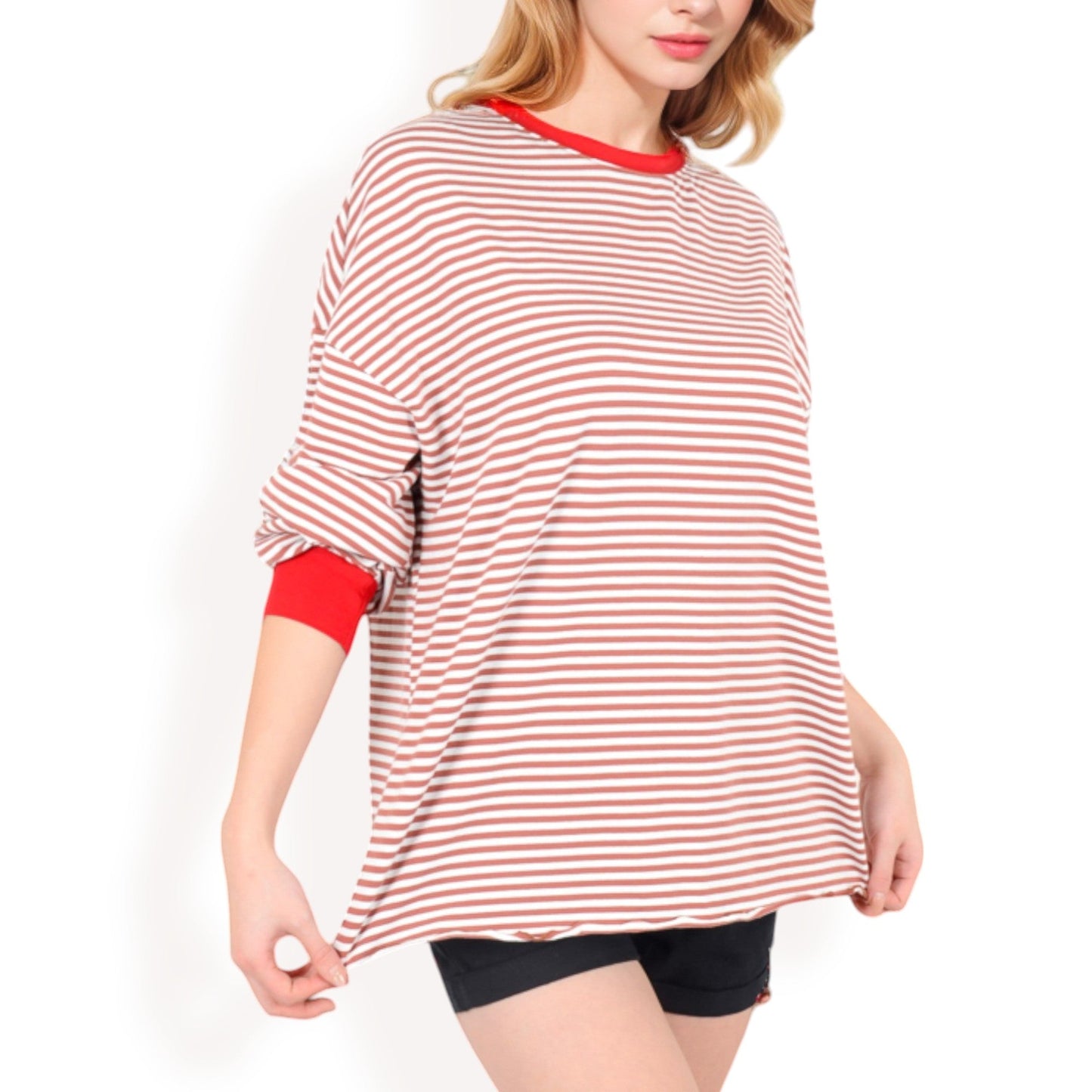 Women's Striped Long Sleeve Oversized Pullover Top with Ribbed Crew Neck