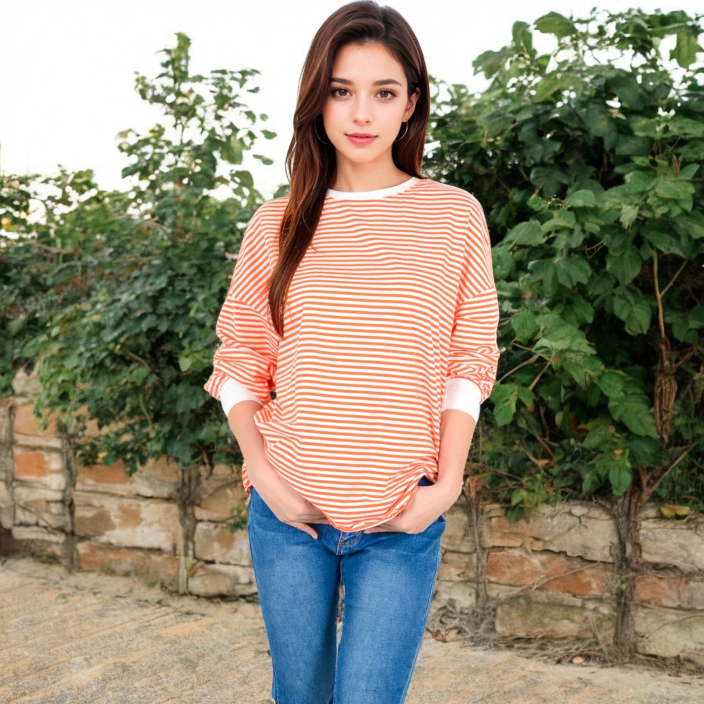 Women's Striped Long Sleeve Oversized Pullover Top with Ribbed Crew Neck