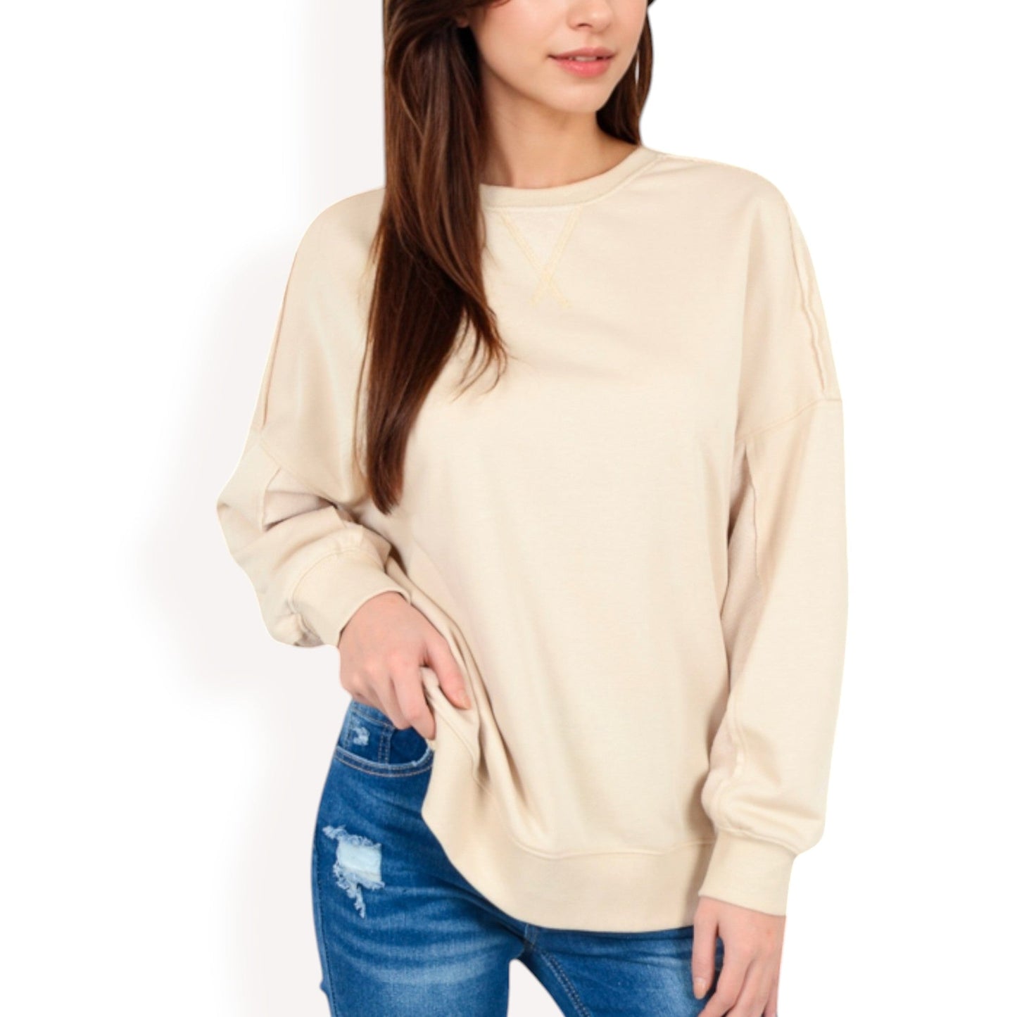 Women's Long Sleeve Oversized Crewneck Sweatshirt with Drop Shoulders