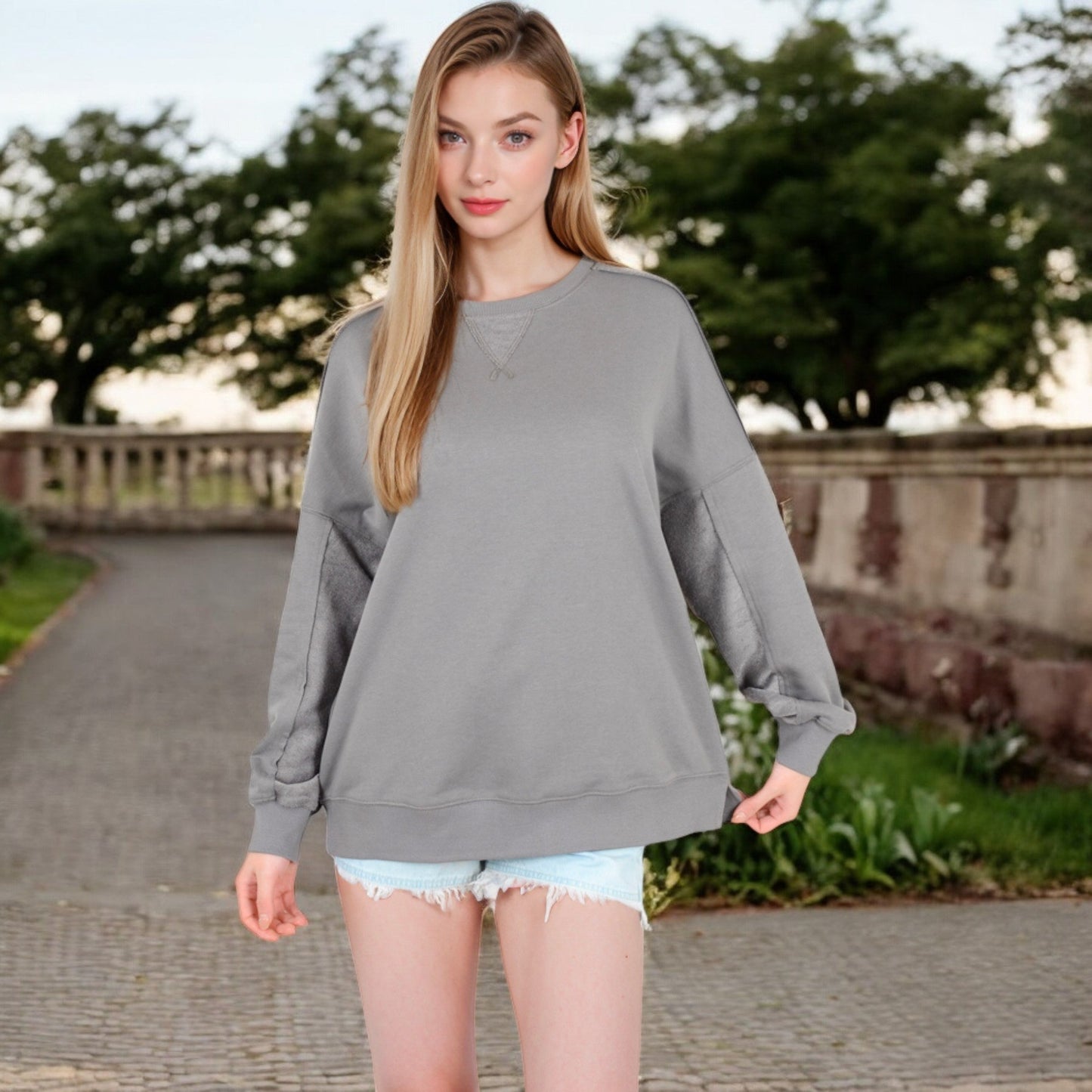 Women's Long Sleeve Oversized Crewneck Sweatshirt with Drop Shoulders