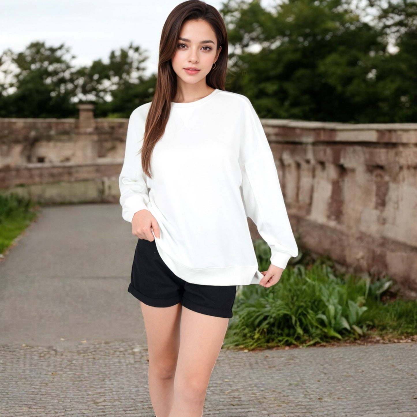 Women's Long Sleeve Oversized Crewneck Sweatshirt with Drop Shoulders