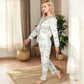 Printed Button-Up Pajama Set with Piping Details