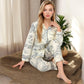 Printed Button-Up Pajama Set with Piping Details