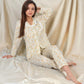 Floral Print Button-Up Long Sleeve Pajama Set with Ruffle Details