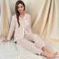 Floral Print Button-Up Long Sleeve Pajama Set with Ruffle Details