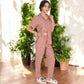 Floral Print Short Sleeve Pajama Set with Button-Up Top and Piping Details