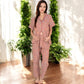 Floral Print Short Sleeve Pajama Set with Button-Up Top and Piping Details