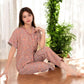 Floral Print Short Sleeve Pajama Set with Button-Up Top and Piping Details