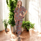 Floral Print Short Sleeve Pajama Set with Button-Up Top and Piping Details