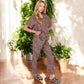 Floral Print Short Sleeve Pajama Set with Button-Up Top and Piping Details