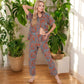 Floral Print Short Sleeve Pajama Set with Button-Up Top and Piping Details