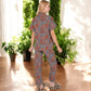 Floral Print Short Sleeve Pajama Set with Button-Up Top and Piping Details