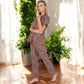 Floral Print Short Sleeve Pajama Set with Button-Up Top and Piping Details