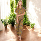 Floral Print Short Sleeve Pajama Set with Button-Up Top and Piping Details