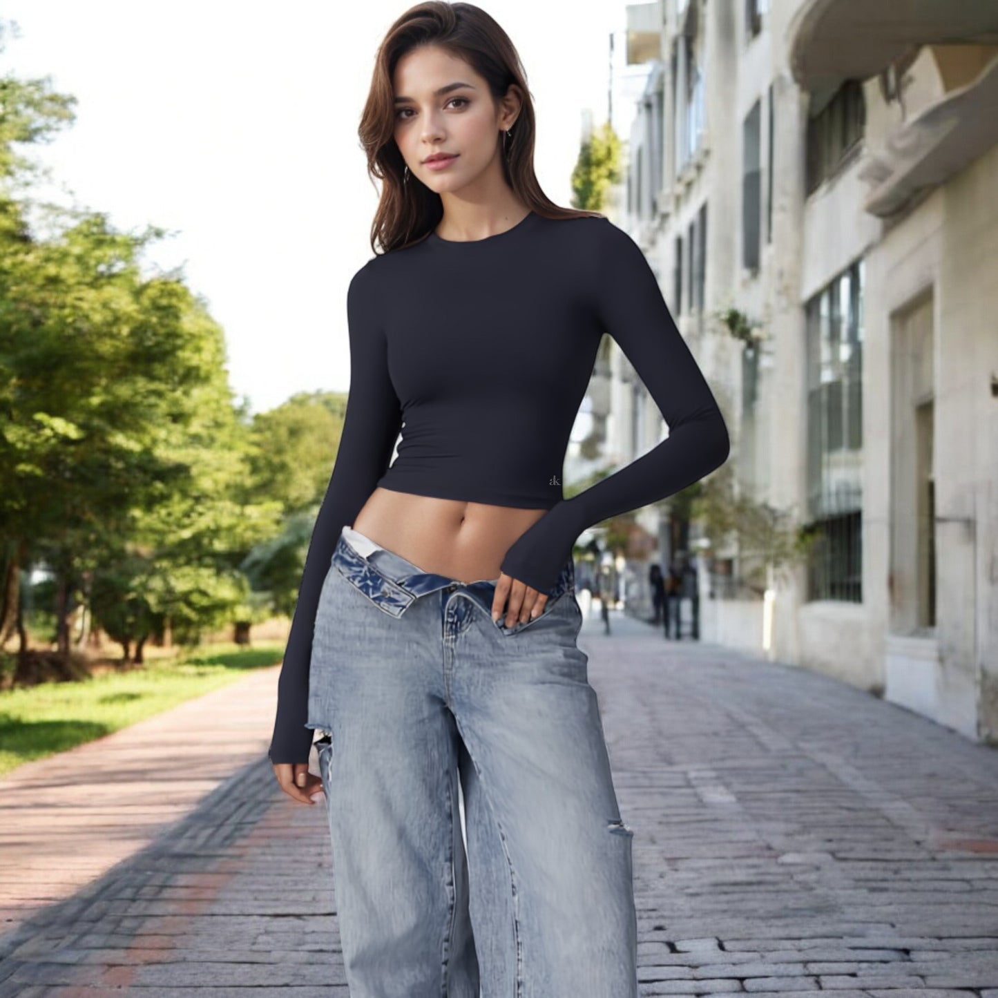 Long Sleeve Cropped Crew Neck Top