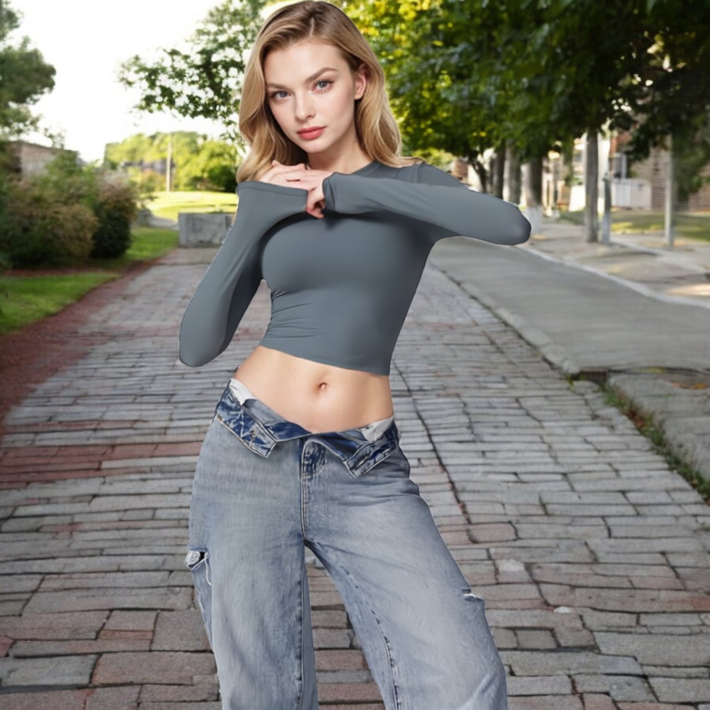 Long Sleeve Cropped Crew Neck Top