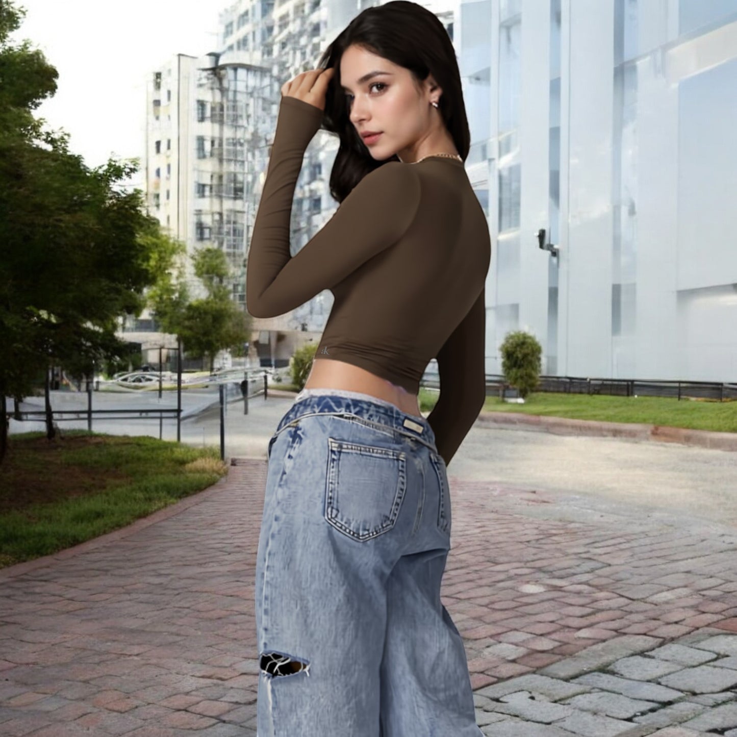 Long Sleeve Cropped Crew Neck Top