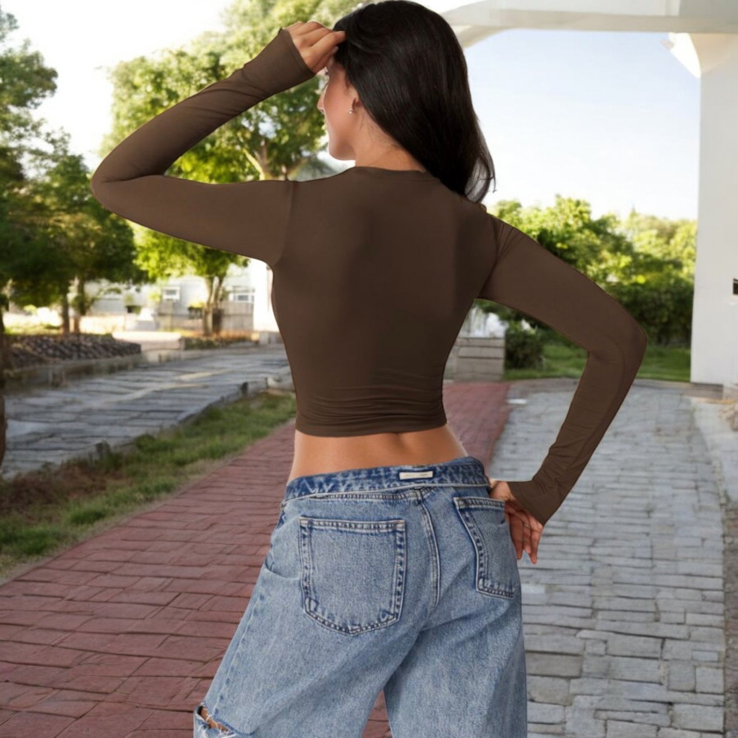 Long Sleeve Cropped Crew Neck Top