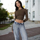 Long Sleeve Cropped Crew Neck Top