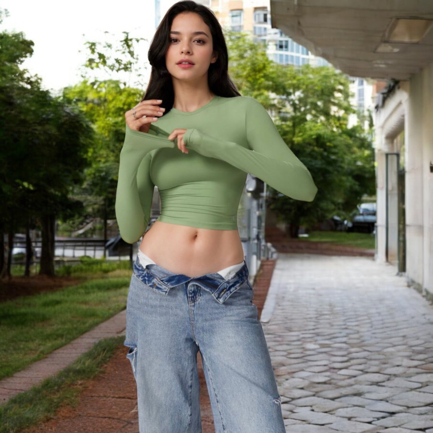 Long Sleeve Cropped Crew Neck Top