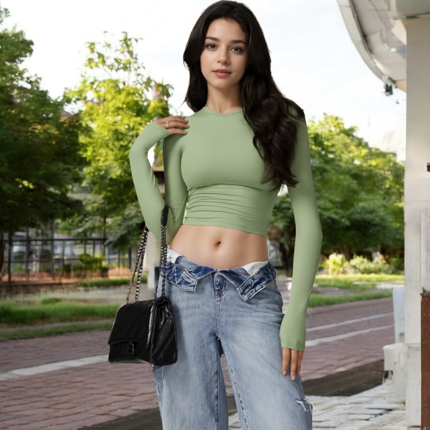 Long Sleeve Cropped Crew Neck Top