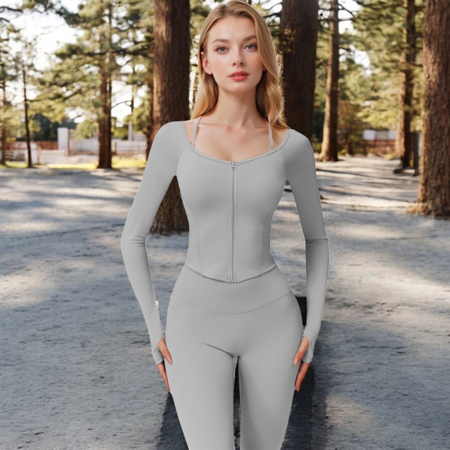 Long Sleeve Zip-Up Top with Thumbholes