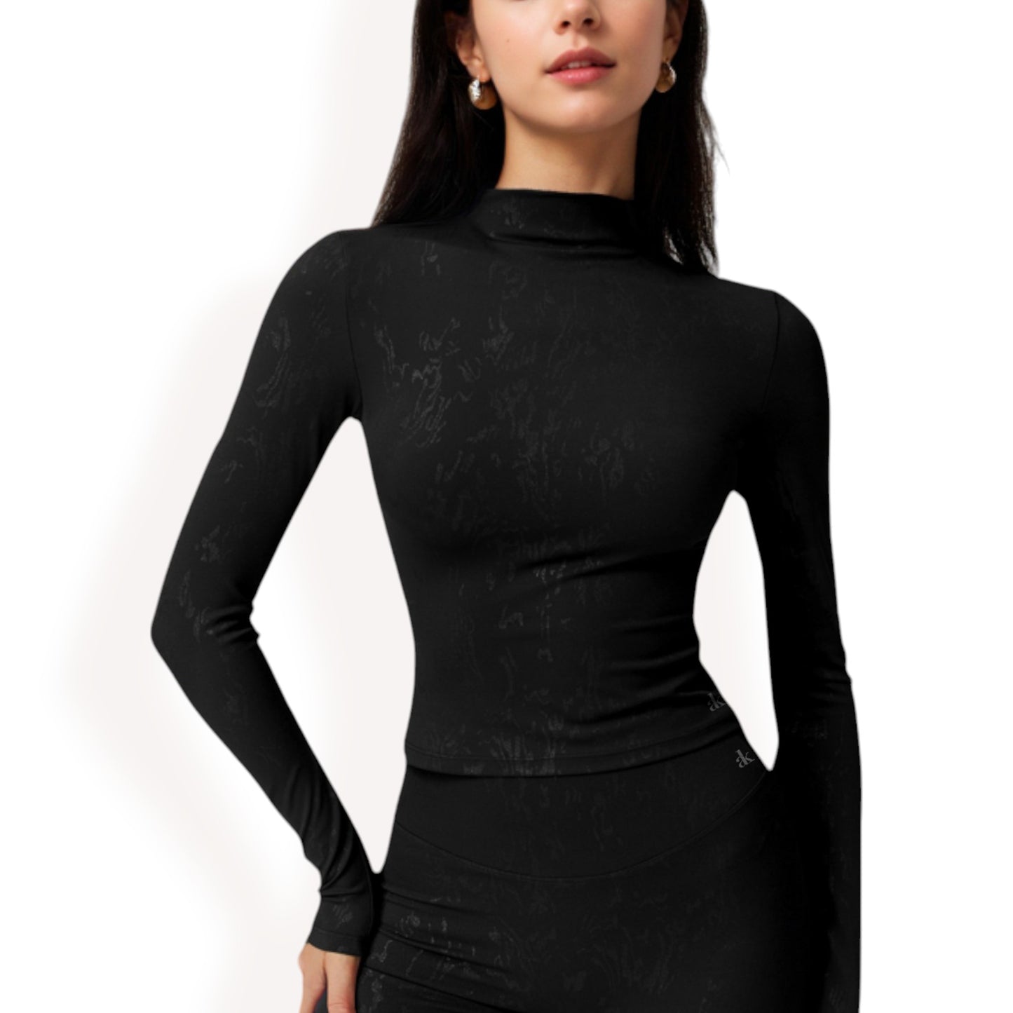 High Neck Long Sleeve Active Top with Subtle Pattern