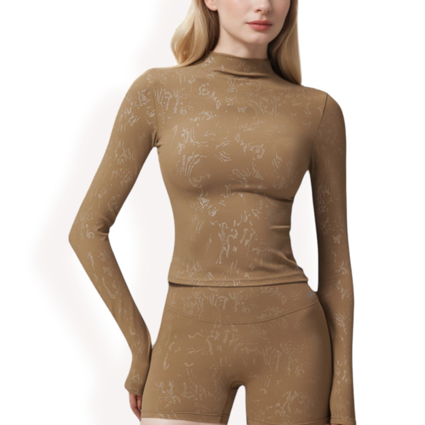 High Neck Long Sleeve Active Top with Subtle Pattern