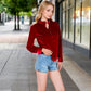 Velvet Long Sleeve Blouse with Ruffled Collar and Button Detail