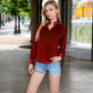 Velvet Long Sleeve Blouse with Ruffled Collar and Button Detail