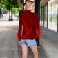 Velvet Long Sleeve Blouse with Ruffled Collar and Button Detail