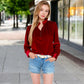 Velvet Long Sleeve Blouse with Ruffled Collar and Button Detail