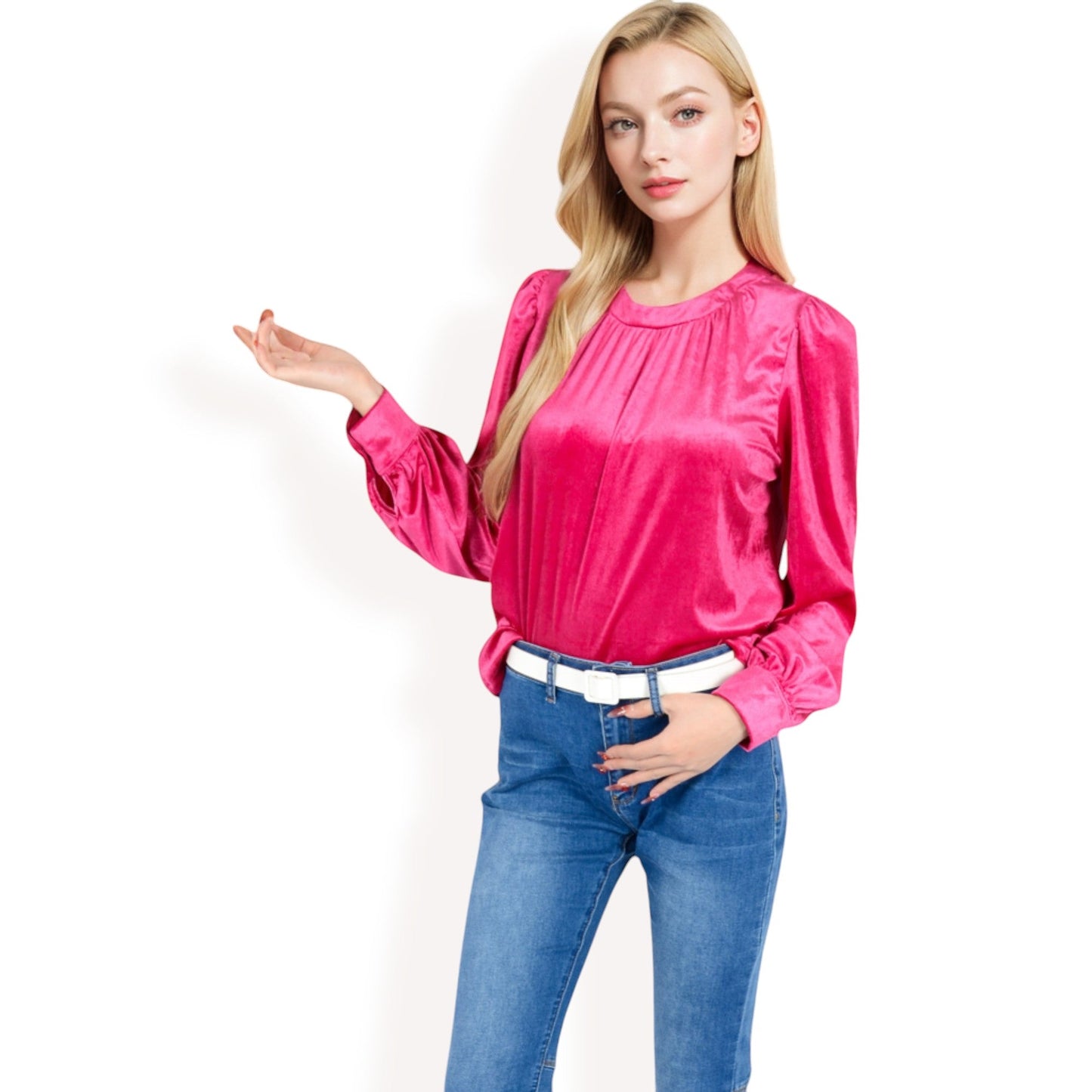 Velvet Long Sleeve Top with Puff Shoulders
