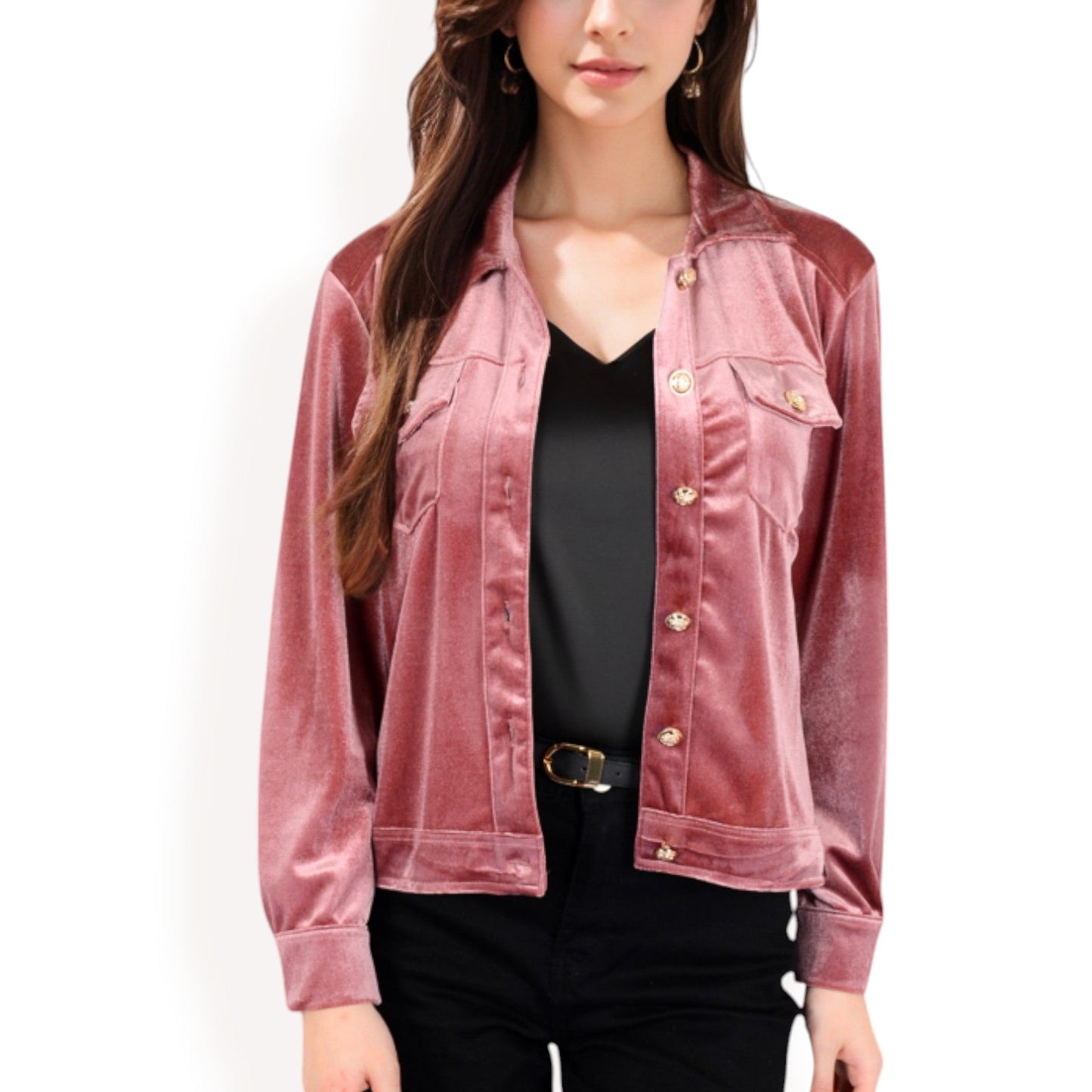 Button-Up Velvet Jacket with Chest Pockets
