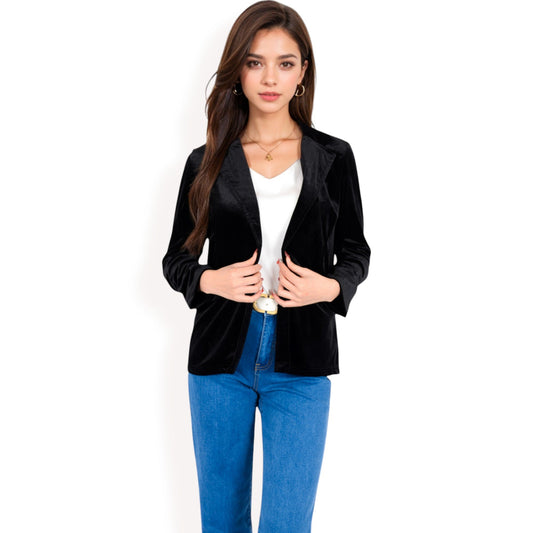 Velvet Blazer With Notch Collar And Front Pockets