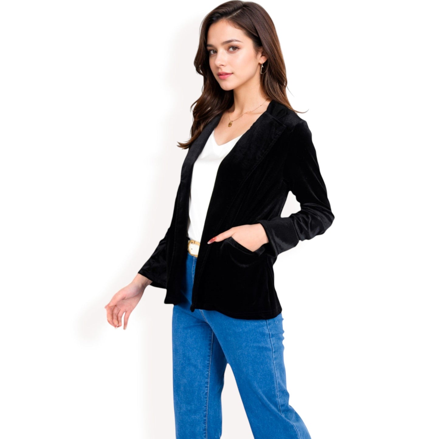 Velvet Blazer With Notch Collar And Front Pockets