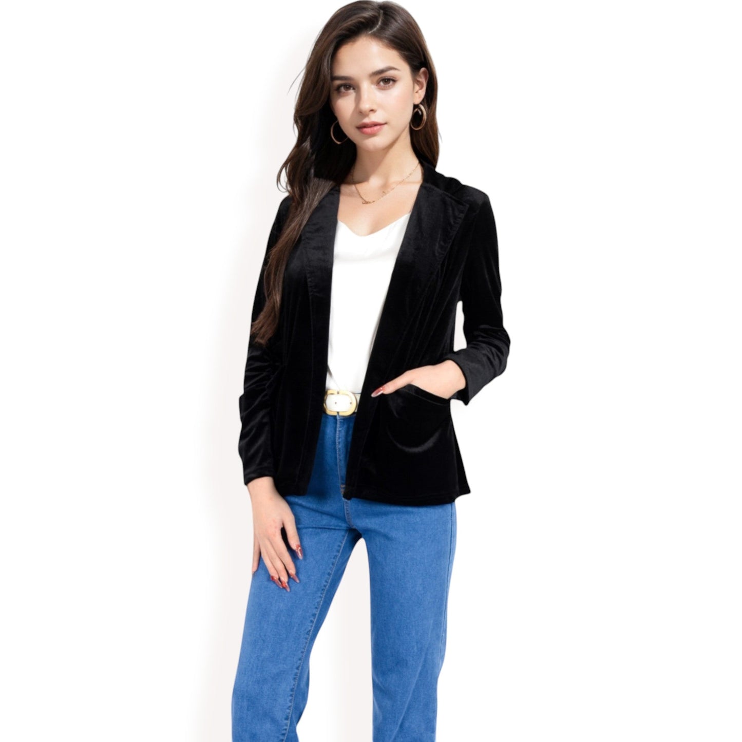 Velvet Blazer With Notch Collar And Front Pockets