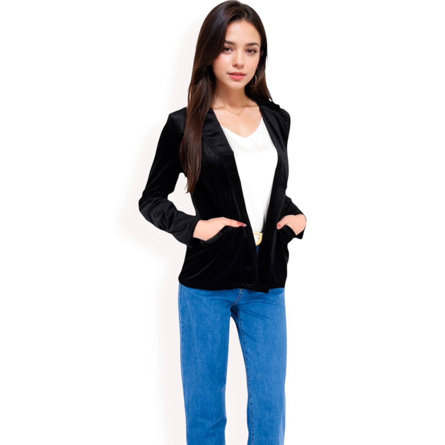 Velvet Blazer With Notch Collar And Front Pockets