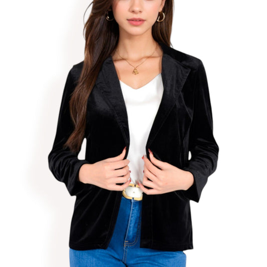 Velvet Blazer With Notch Collar And Front Pockets